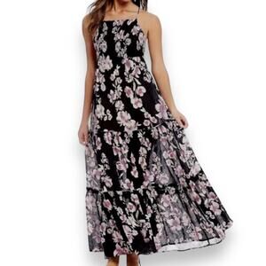 Free People Womens Onyx Garden Party Floral Tiered Maxi Dress Medium Black Pink